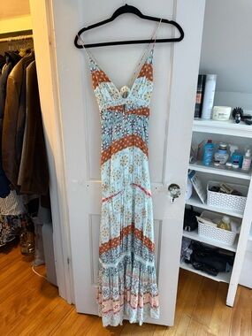 Bohemian V-Neck Maxi Dress in Light Blue and Rust